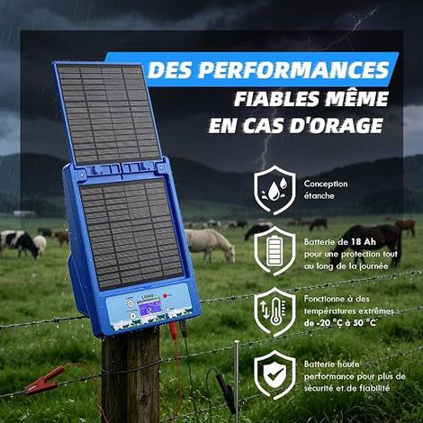 12V Solar Electric Fence Device, Waterproof Fence Electrifier Lithium Battery, 0.3-2J, 6KV-12KV Adjustable, Solar Panel, Animals Blue (1/4)
