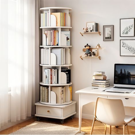 Librería giratoria 360° con ruedas y cajón, 46 x 46 x 173 cm, MDF blanco DESVIAE (1/5)