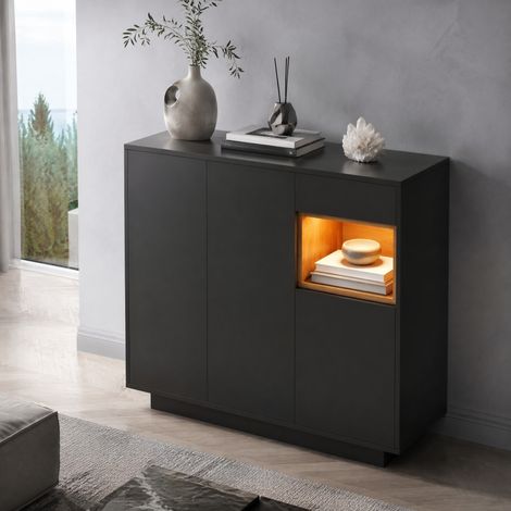 Zapatero con cajón, estantes ajustables y LED de 16 colores, negro y natural DESVIAE (1/5)