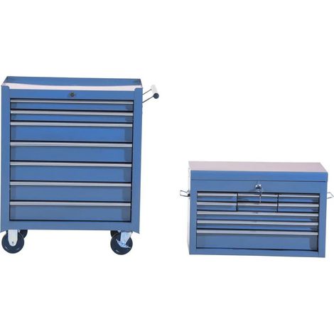 Chariot d'atelier mobile en acier bleu avec 16 tiroirs et serrure (1/5)