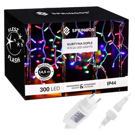 Cortina de luces LED multicolor de 300 luces, destello blanco frío guirnalda, luces interiores y exteriores en forma de copos de nieve. (1/5)