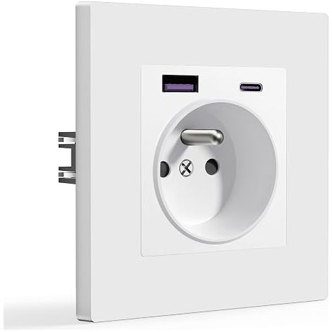 Prise USB C Murale,Prise Electrique Encastrable avec Recharge USB A et 1 Type C,1 Gang,Norme Française Prises 16A 250V avec Panneau en Plastique,86 86mm Blanc (1/5)
