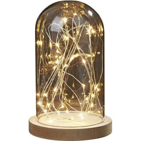 Cloche en verre avec guirlande lumineuse 30 LED Blanc chaud, Cloche en verre avec fond en bois, 19,5 x ⌀ 12 cm, Décoration de Saint-Valentin, Fonctionne avec piles (non incluses) 523713 (1/3)