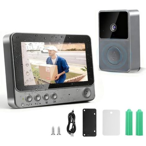 Sonnette vidéo sans fil 1080p avec caméra, étanche IP65, pour l'extérieur, avec écran 4,3 pouces et caméra HD. (1/5)