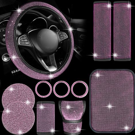 Juego de 11 accesorios para coche con pedrería: funda para volante, palanca de cambios, freno de mano, cinturón de seguridad, anillos, botón de arranque, posavasos y cojín para el reposabrazos.