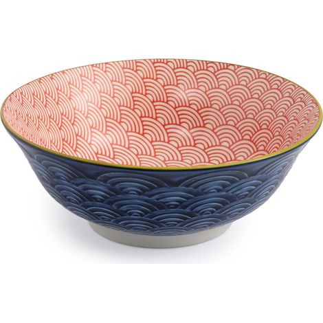 Mikasa red and blue arc stoneware ramen bowl, patterned 1l japanese noodle bowl for dining, multi-purpose deep serving dish, 21cm