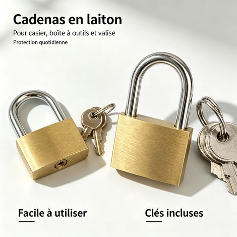 Kit 2 cadenas laiton 50 mm, cadenas à clé haute résistance, finition laiton, usage intérieur et extérieur, sécurité pour casier et valise - Laiton (1/5)