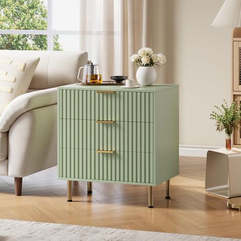 Commode moderne 3 tiroirs à rainures – Grand capacité – Plateau large – Rangement chambre, salon, entrée, chambre enfant – Bois robuste – Table de chevet élégante – Vert (1/5)