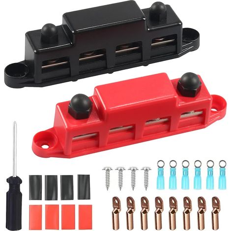 Lot de 2 barres de distribution 12 V - 48 V CC - Avec 4 boulons de serrage M8, 250 A - Bloc de distribution d'énergie - Pour voiture, camping-car, bateau, yacht, marine (noir, rouge) (1/5)