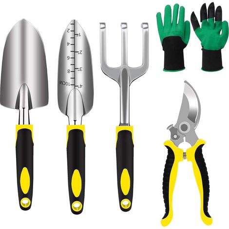 Ensemble d'outils de jardin robuste 5 en 1 en acier inoxydable comprenant une truelle, un râteau, une pelle et une fourche à désherber.