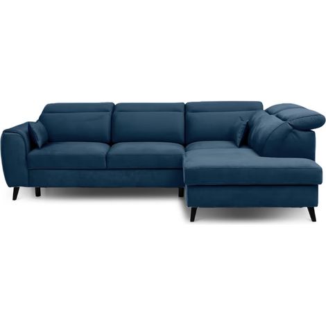 Canapé d’angle convertible NOBLESSE en velours avec coffre et pieds en bois noir – 265cm angle droit-Bleu-angle droit (1/5)