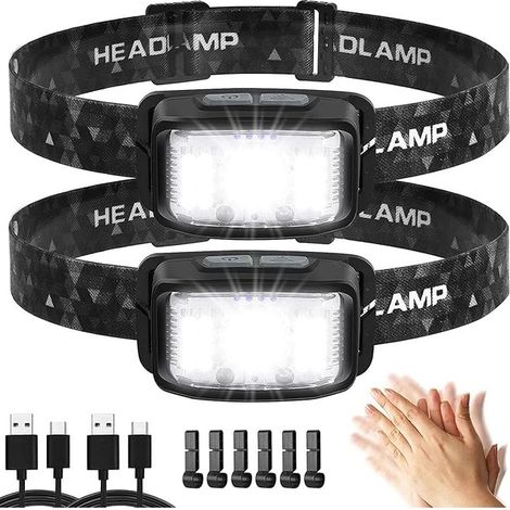 Lampe frontale Super LED 2 pièces rechargeable par USB, lampe frontale à détecteur de mouvement de 2000 lumens, 16 modes d'éclairage, étanche et légère, adaptée à l'extérieur [Classification énergétiq (1/5)
