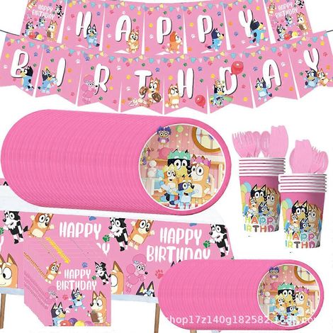 196 pièces Décoration de fête d'anniversaire Rose Bruy : assiettes en carton, gobelets en papier, nappe, carte d'invitation, sac cadeau, couteau et fourchette