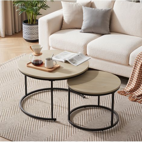 Set di 2 tavolini rotondi impilabili in effetto rovere, struttura in metallo nero DESVIAE (1/5)