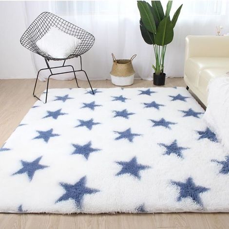Hochflor-Teppich, Design: Langflor, Weiß mit blauen Sternen, 160 x 230 cm
