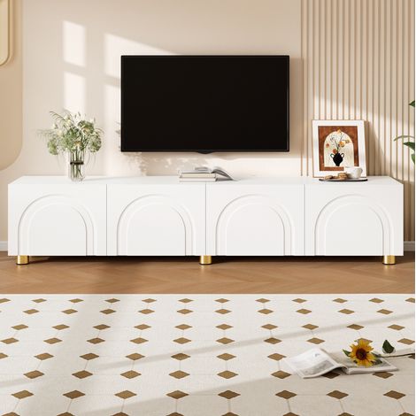 Meuble TV 180x35x40 cm blanc en MDF et panneaux de particules avec relief arqué et 4 portes (1/5)
