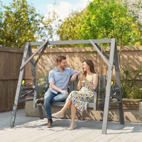 Balançoire de jardin 2 places. Banc-balançoire en bois avec étagères de rangement, porte-gobelets et chaînes métalliques. Gris.