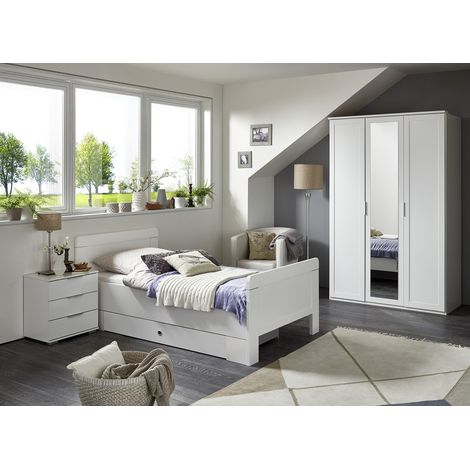 Chambre à coucher complète enfant (lit 90x200cm + tiroir + chevet + armoire) coloris blanc -PEGANE-