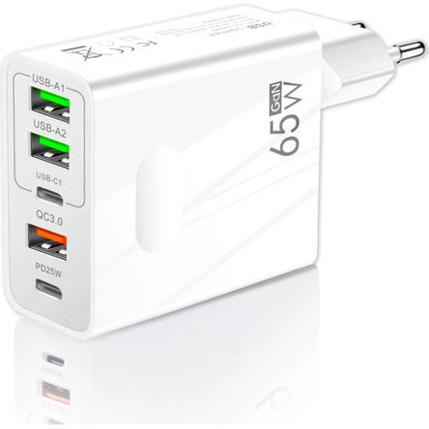 Chargeur USB 65 W avec 5 ports : 2 USB-C + 3 USB-A Charge rapide QC 3.0 Compatible avec Samsung, iPhone, Xiaomi, etc. (1/5)