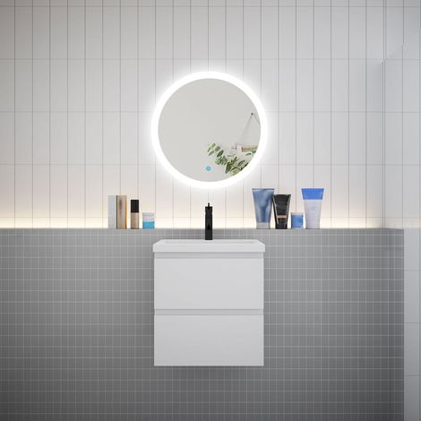 Ensemble meuble vasque L.50cm 2 tiroirs + lavabo + LED miroir rond 60cm,blanc,A (1/5)