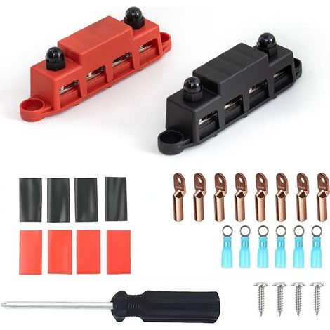 RV busbar M8/M10 high current wiring studs, red and black 4-stud power distribution block, marine accessories - M8 studs - red + black (with accessories) (1/3)
