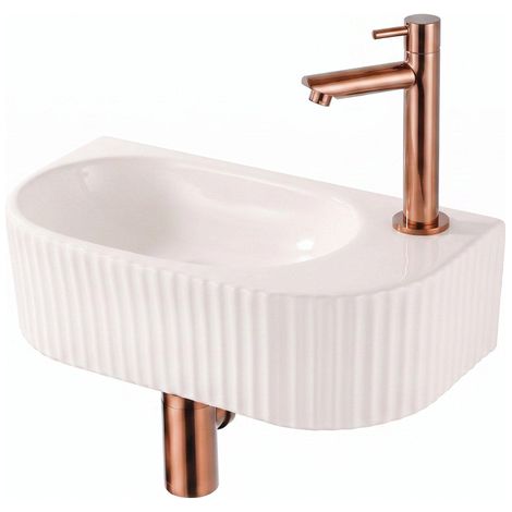 QeramiQ Fuente Lavabo pour WC - 40x22x12 cm - nervure - demi-rond - trou de robinet de Lavabo pour WC a droite - ceramique - robinet de Lavabo pour WC (1/5)