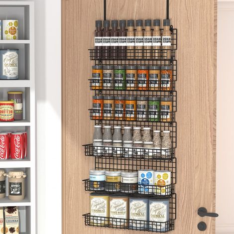 Étagère à épices à 6 niveaux avec crochet de porte, fixation murale et au-dessus de la porte, étagère à épices pour cuisine, garde-manger, porte, armoire, deux tailles, grande capacité, noir (1/5)