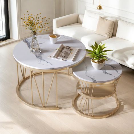 Set di 2 tavolini rotondi moderni, eleganti tavolini impilabili con spazio di archiviazione, supporto a V, mobili moderni per il soggiorno, L 70 x 70 x 44,5 cm, S 45 x 45 x 36,5 cm (1/5)