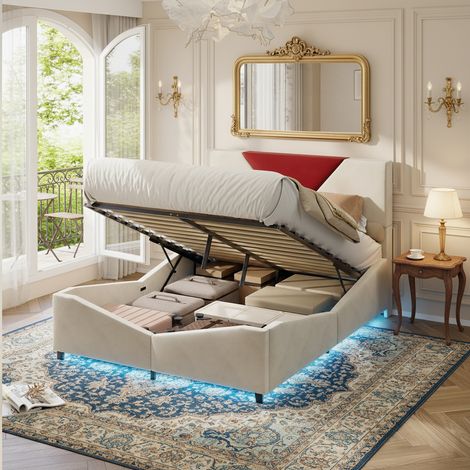 lit coffre 140x200 cm - châssis métallique de  sommier, Lumières LED, tête de lit rembourrée, châlit, bordure souple, beige (1/5)