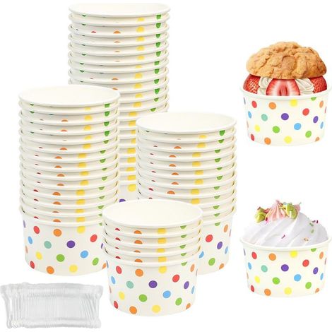Set mit 50 Einweg-Eisbechern aus Pappe und 50 Löffeln (Fassungsvermögen 240 ml), für Eiscreme, Desserts, Vorspeisen und Joghurt. (1/4)