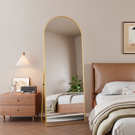 Specchio da terra 162x53 cm, specchio arcuato su tutta la lunghezza, grande specchio con cornice in metallo, specchio da pavimento per camera, guardaroba, soggiorno - Oro