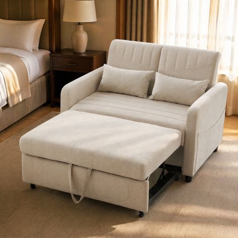 Canapé-lit 2 places extensible, dossier inclinable 3 positions, beige HAVRYA (1/5)