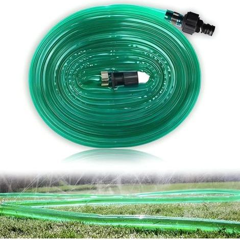15 m langer, perforierter PVC-Flachschlauch, Gartenschlauch für den Außenbereich, Kühlnebel-Bewässerungsschlauch, inklusive Universalanschluss (1/5)