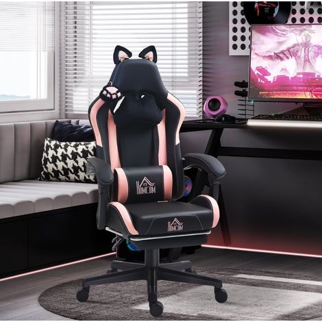 Silla de oficina gaming con reposapiés, respaldo reclinable 135°, rosa y negro HAVRYA (1/3)