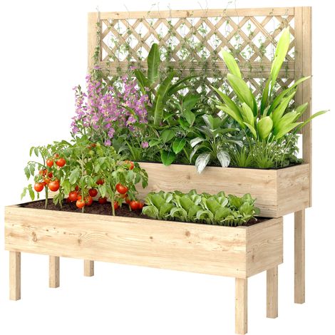 2-stöckiger Pflanzkasten mit Rankgitter, Blumenkasten, Vliesstoff, 108 x 62 x 120 cm, Naturholz