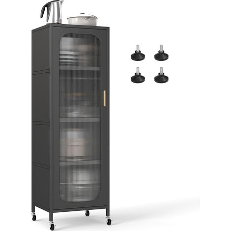 Étagère de cuisine à 5 étages, vitrine sur roulettes avec étagères réglables, étroite et polyvalente, avec porte semi-transparente, en métal, pour salle à manger, salle de bain et salon (noir) (1/5)