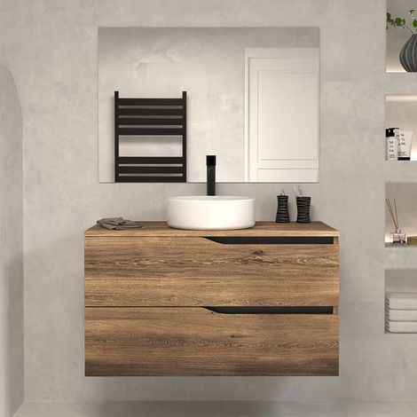 Meuble de salle de bain 100 avec plateau et vasque à poser - 2 tiroirs - tabaco (bois foncé) - LUNA (1/5)