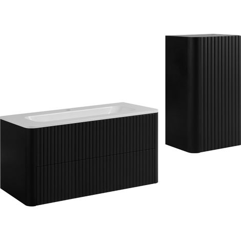 Ensemble de meubles de salle de bain, 2 tiroirs, 1 porte, fermeture douce, façades rainurées, Noir, 100,3 x 43,7 x 48,4 cm (1/5)