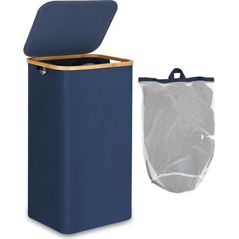 sac Panier à Linge Sale pliable, 100L Grand XL Poignées Bambou Vêtements, bac a linge laundry basket, Bleu (1/5)
