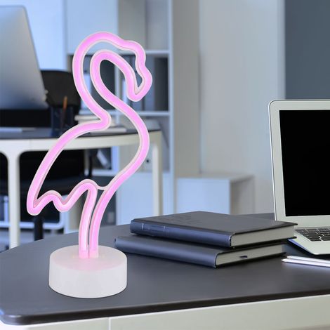 Lampe de table néon Flamingo chambre d'enfant Lampe néon décorative batterie, plastique blanc, LED 2W rose, H 33 cm
