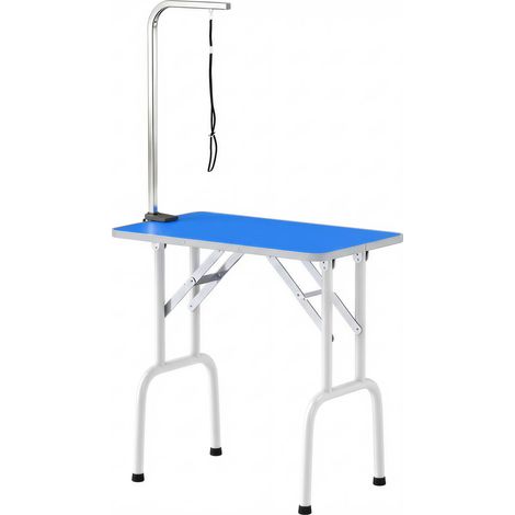 Table de toilettage pour chien, pliable, réglable en hauteur avec bras réglable, sangle et tapis en caoutchouc, bleue (1/5)