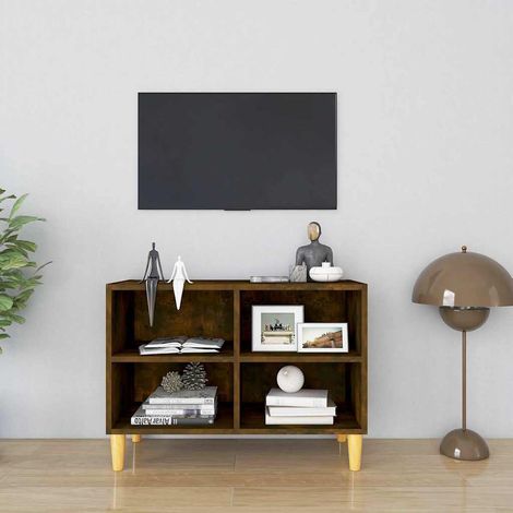 vidaXL Meuble TV avec pieds en bois massif Chêne fumé 69,5x30x50 cm (1/5)