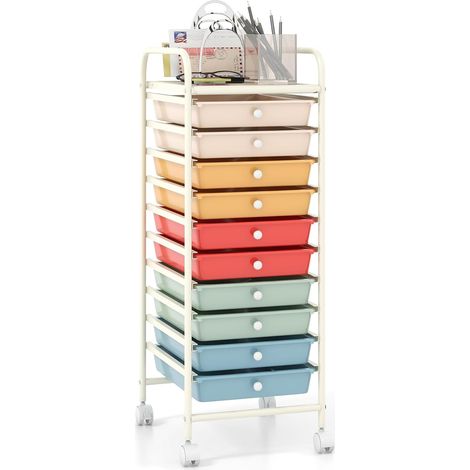 GOPLUS Chariot de Rangement 10 Tiroirs à roulettes, Tour de Rangement à roulettes, Tiroirs en Plastique&Cadre en Acier, pour Chambre, Bureau, 37x33x86CM (Multicolore Dégradé) (1/5)