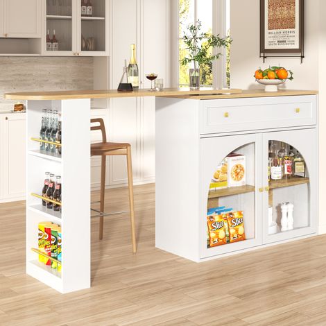 Meuble bar, Table de bar extensible avec espace de rangement, rotative à 360 °, avec tiroirs et portes vitrées, Design moderne, 138-204×39×104 cm, Blanc (1/5)