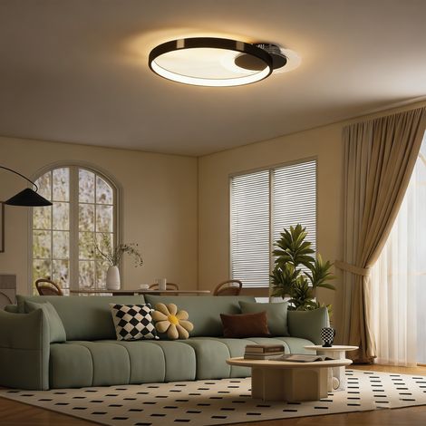 Plafonnier LED moderne à 2 anneaux avec température de couleur réglable. Puissance : 30 W. Noir.