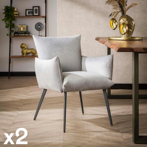 Fauteuil de table en velours gris clair effet coussin (lot de 2) MELBOURNE (1/4)