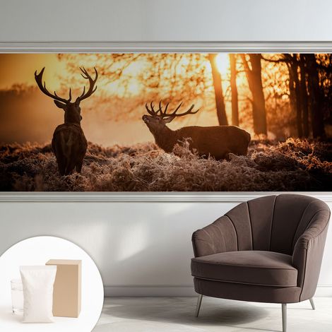 Papier peint intissé pour salon chambre à coucher peint imprimé pour mur - Colle incluse gratuite Cerfs au petit matin 250x104 cm (1/5)