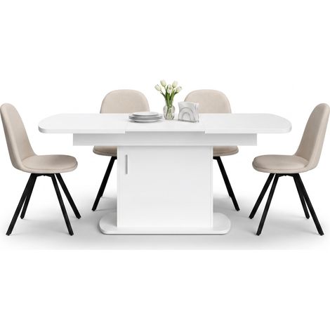 FurnitureR 5-teiliges Essset mit Stauraumtisch und 4 Drehstühlen, Weißer Ausziehtisch 140–200 cm mit Stauraum und 4 beigen Stoff-Drehstühlen für Essen, Arbeiten und Gäste (1/5)