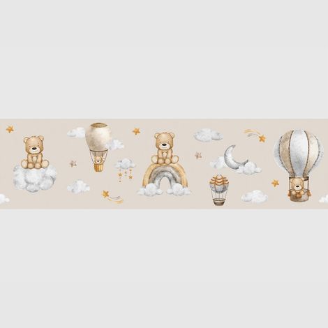 Frise auto-adhésive - Ours mignon dans le ciel sur fond marron - 500x13,8 cm