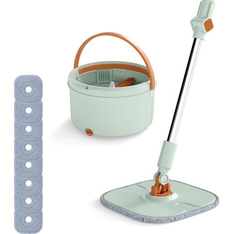 COSTWAY Flat Floor Mop & Bucket System with 8 Washable Microfiber Pads-Green (1/5)